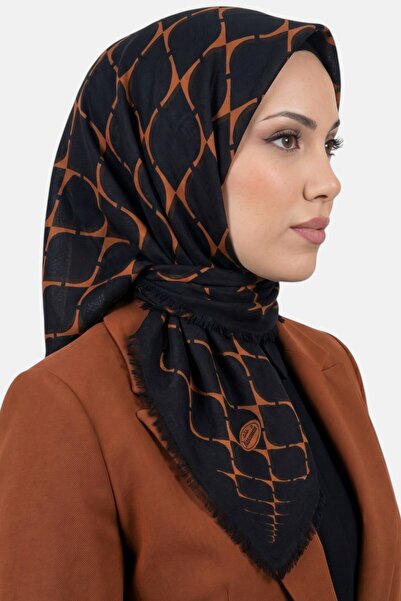 hadiora Women's Black Orange Geometric Patterned Flared Twill Scarf