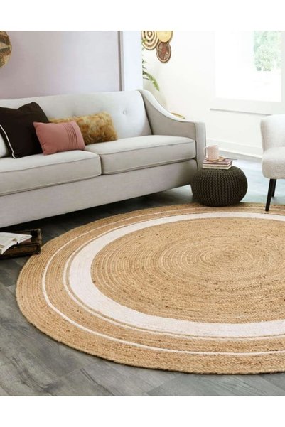 Handpicked Furniture Jute Pure Wool And Cotton Beige Round Carpet Ultra Soft Area Carpets For Bed Room Living Room And Dining Room Anti-Slip Floor Carpets Easy To Clean Made In Turkey 120X120Cm