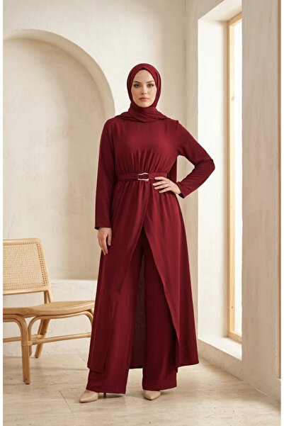 sefamerve Elastic Waist Belted Hijab Double Set 2279-05 Claret Red