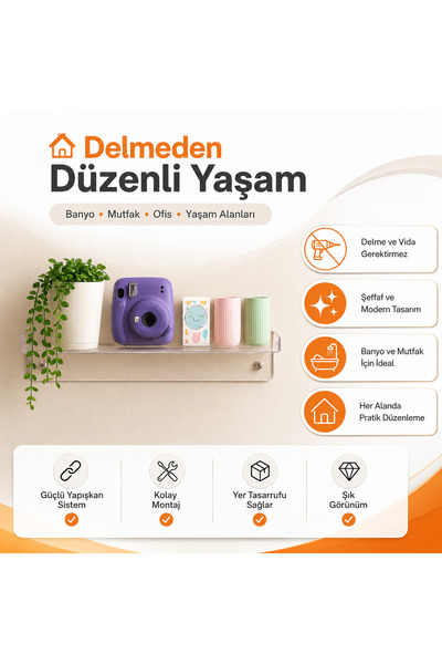 Veyron Home Multi Organizer Raf Şeffaf Yapışkanlı Duvar Rafı Delmeden Montaj ...