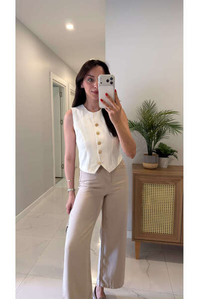 BİRCANÇİL Lonte Ecru Gold Button Detailed Vest