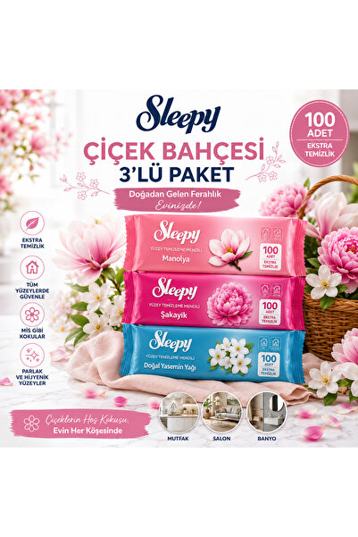 Sleepy Premium Kokular Çiçek Bahçesi 3'lü Yüzey Temizleme Mendili Manolya Şak...