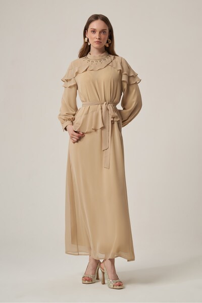 FTZ WOMEN Women's Chiffon Collar Stone Dress Beige 31379