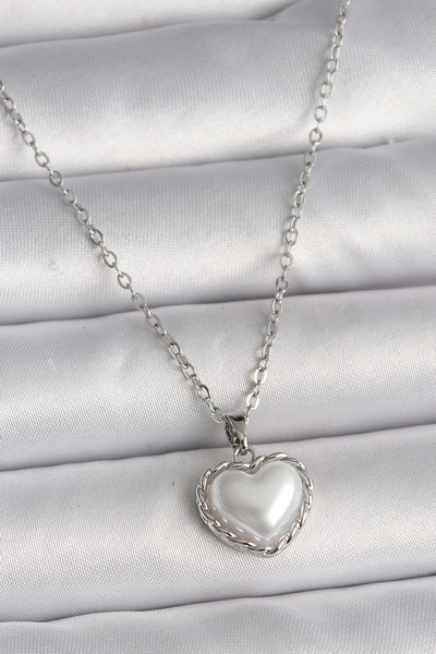 OGHAMAY 316L Steel Silver Color Chain 3D Pearl Heart Model Women's Necklace