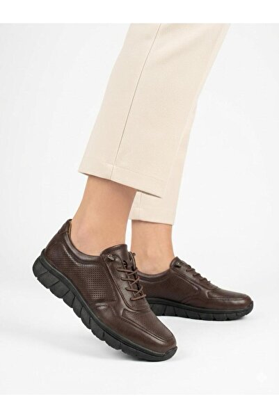 Lütfi Women's Brown Genuine Leather Orthopedic Soft Sole Casual Shoes