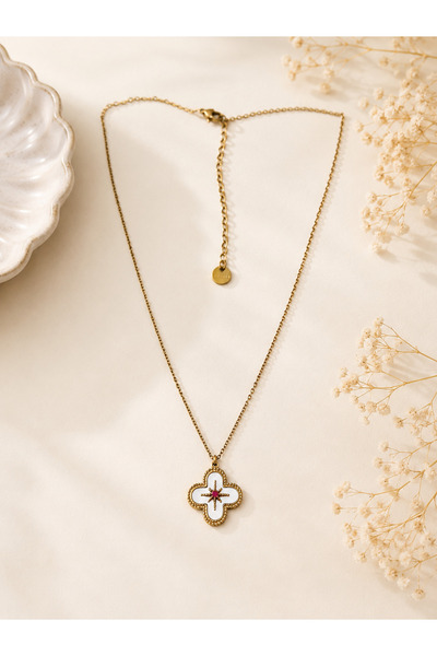 Archhazel Jewelery Pink Stone Clover Steel Necklace