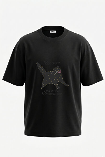 Anetos Tricou oversize negru din bumbac cu imprimeu pe spate Dramatic Cat Design