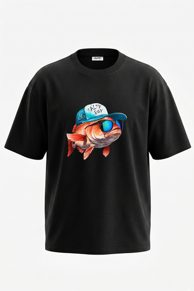 Anetos Μπλουζάκι Salty Fish Design με στάμπα στην πλάτη, βαμβακερό, μαύρο, ov...