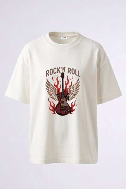 Anetos Tricou oversize alb din bumbac cu imprimeu pe spate cu design Rock n R...