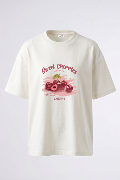 Anetos Tricou oversize alb din bumbac cu imprimeu pe spate Sweet Cherry Design