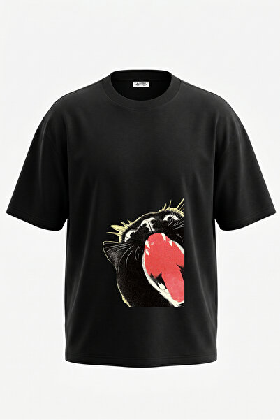 Anetos Tricou oversize negru din bumbac cu imprimeu pe spate Le Chat Noir Design