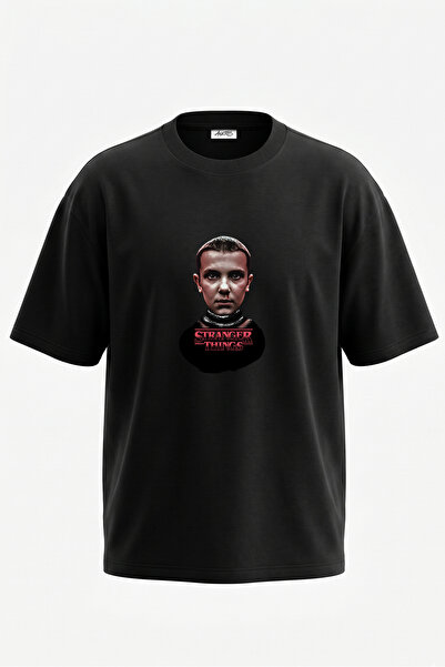 Anetos Tricou oversize negru din bumbac cu imprimeu pe spate Stranger Things ...