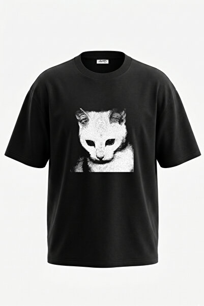 Anetos Tricou oversize negru din bumbac cu imprimeu pe spate cu design Cat Face