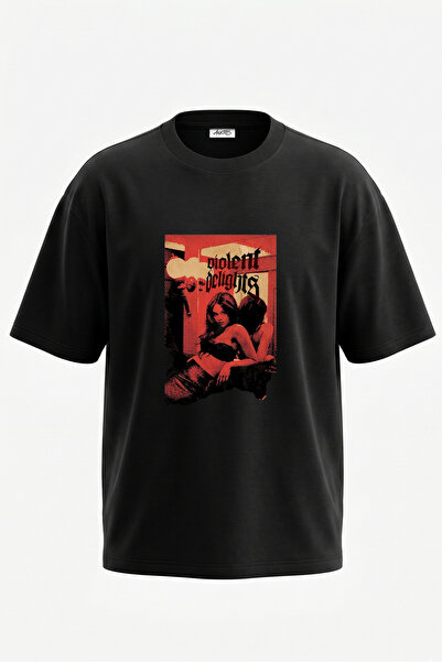 Anetos Violent Delights Design cu imprimeu pe spate, tricou oversize negru di...