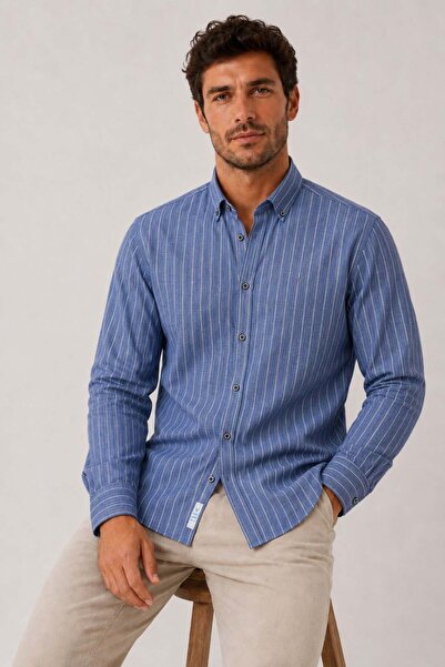 Fitmens Slim Fit Long Sleeve Striped Pocketless Linen Lycra Gift Boxed Men's ...
