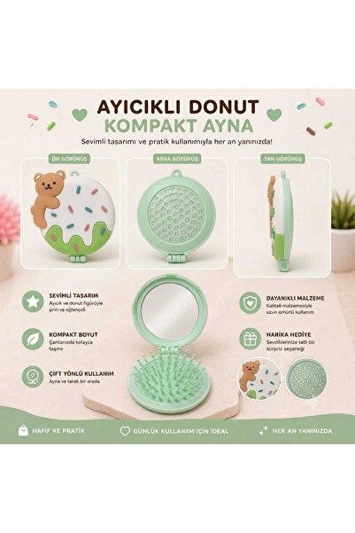 PeriMila Ayıcıklı Donut Tasarımlı Katlanabilir Aynalı Cep Tarağı Mini Saç Fır...