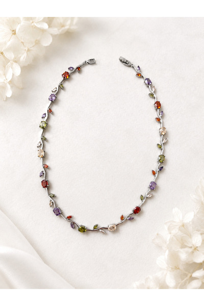 Lilith Takı Elegant Vine Branch Design Women's Necklace with Colorful Stone D...