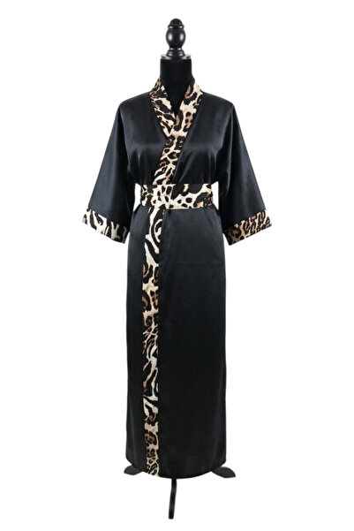 maia Kimono lung din satin pentru femei cu detalii leopard negru