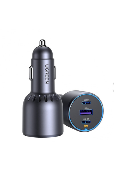 Ugreen 75W зарядно за кола, 2x USB-C и 1x USB-A, PD 3.0, QC 4.0, сив