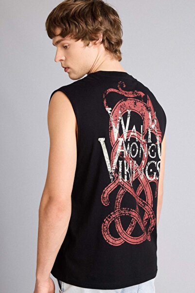 DeFacto Vikings Valhalla Licensed Boxy Fit Printed Crew Neck Black Tank Top G...