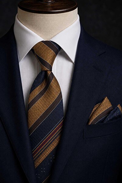 Kravatkolik Gold Navy Blue Stripe Pattern Classic Tie with Handkerchief Kk13744
