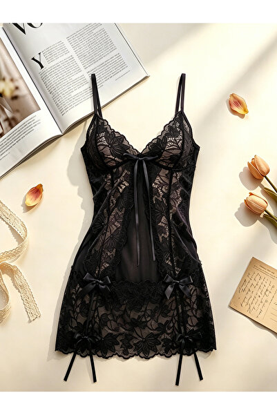 Generic Sexy Black Floral Lace Babydoll Nightgown Sheer Mesh V-Neck Slip Ling...