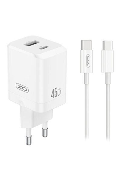 Xo 45W USB-A/USB-C PD зарядно за стена с 1м USB-C кабел, бяло