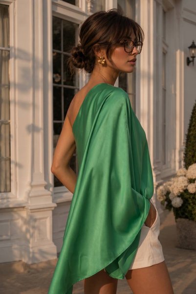 oshebu Bluză elegantă din satin de mătase, cu un singur umăr, pentru femei