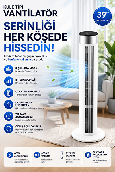 post alley 39 İnç Kule Tipi Vantilatör Uzaktan Kumandalı Dokunmatik LED Ekran...