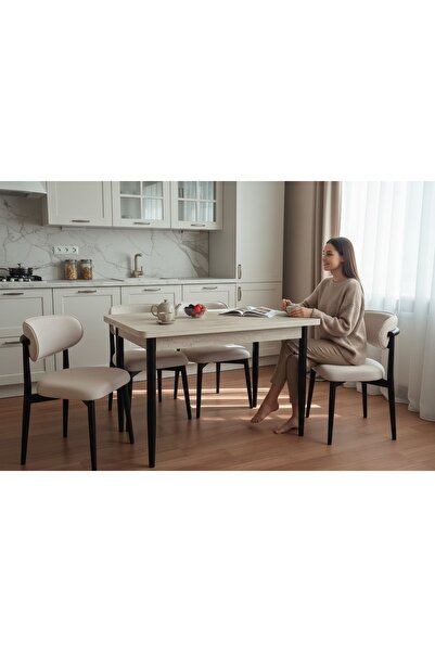 Efe Mobilya T- 6006 TRAVERTEN 70X120 MDF POLO KREM SANDALYE 4 KİŞİLİK YEMEK M...