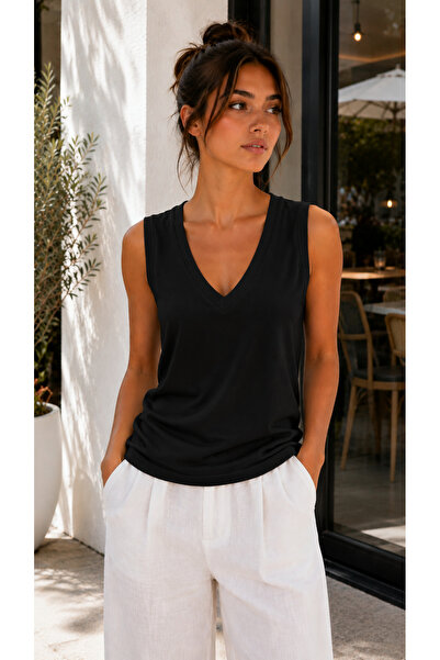 Hayalet Kadın V Yaka Kolsuz T-Shirt Ultra Soft Basic Bluz