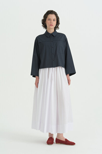 Nihan Aller Detailed Crop Cotton Shirt - Navy Blue