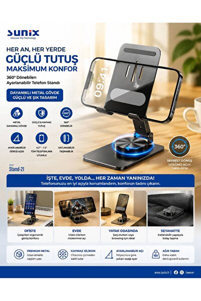 Sunix Stand-21 Yüksek Kalite Metal 360 Dönebilen Ayarlanabilir Telefon Ve Tab...
