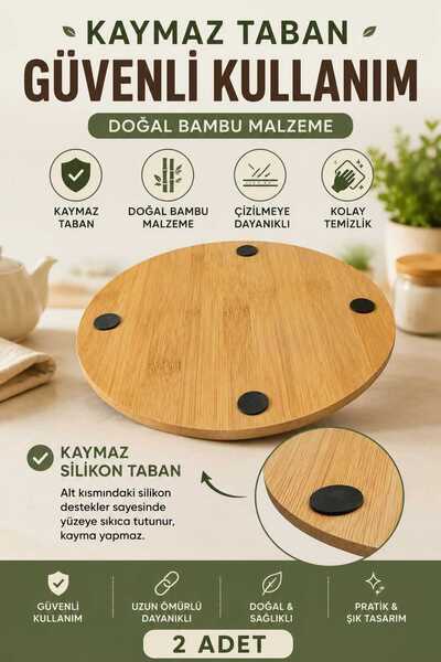 Herza House 2 Adet Ahşap Bambu Yuvarlak Nihale, Çaydanlık Altı Sıcak Tencere için Ahşap Altlık