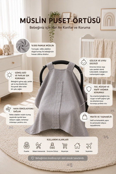 FH Living %100 Organik Pamuklu Kumaştan Müslin İki Kat Çıtçıtlı Puset Örtüsü