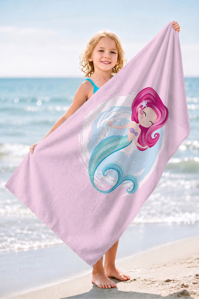 Evimde Bambaşka Pembe Deniz Kızı Desenli Kız Çocuk Plaj Havlusu - Unicorn Sev...