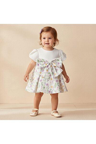 Juniors Round Neck Short Sleeves A-Line Dress with Floral Print