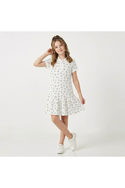 Juniors Collared Short Sleeves Knee Length Polo Dress with Heart Print