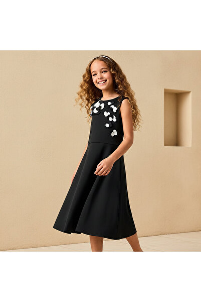 Juniors Round Neck Sleeveless Dress with Floral Embellishment