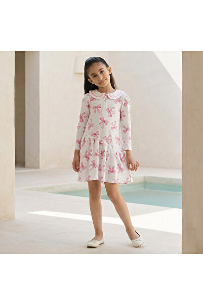 Juniors Peter Pan Collar Long Sleeves Dress with Bow Print
