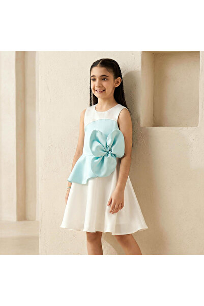 Juniors Round Neck Sleeveless Dress with Floral Bow Applique