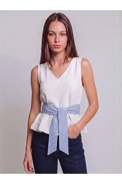 Vaura Ecru V-Neck Blouse with Waist Tie, Casual Chic