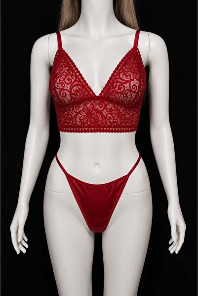 merve ada design Dantel Bralet Saten Şort & Tanga Pijama & 3'lü Pijama Takım