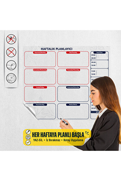 Tutunabilir Kağıt Statik Tutunma Özellikli Şeffaf Türkçe-İngilizce Haftalık Y...