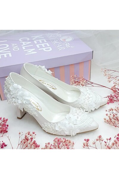 ASLIACAR 8 cm Heeled Special Design Floral Patterned Stiletto Comfortable Bri...