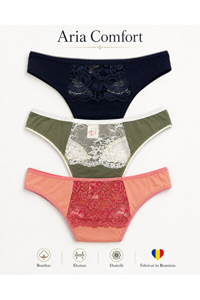Aria Comfort Set 3 Chiloți Tanga Damă cu Dantelă Florală – Verde, Caisă și Bl...