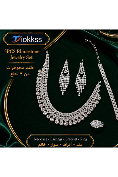 Tiokkss طقم مجوهرات نسائي من 5 قطع مرصع بالأحجار الكريمة، قلادة وأقراط وسوار ...