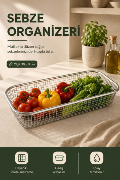 Anadolu Saray Metal Sebze Organizer Sepeti 30x12 cm, Mutfak Düzenleyici Tel S...