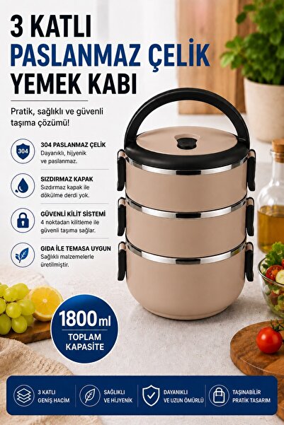 Sas Haus 3 Katlı Paslanmaz Çelik Yemek Kabı 1800 ML Sızdırmaz Kapaklı Taşınab...