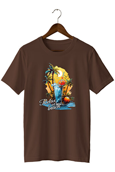WİDİ Unisex Summer Themed Beach Printed Crew Neck Casual Cotton T-Shirt